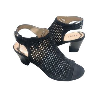 Unisa Unpryce Black Laser Cut Peep Toe 3” Block Heels - Size 7.5